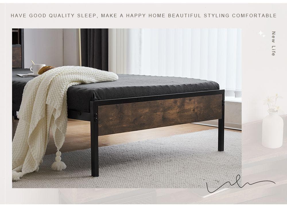 【宮棚＆コンセント付】シングルベッド 木×スチール 北欧風 ヴィンテージ風