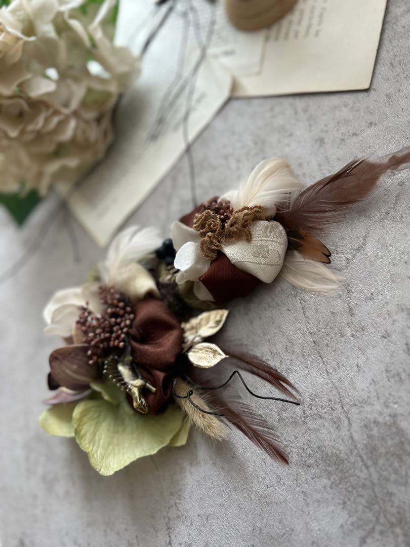 きらめくロゼット様　男の子用髪飾り　brown&Green