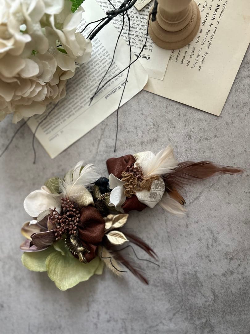 きらめくロゼット様　男の子用髪飾り　brown&Green