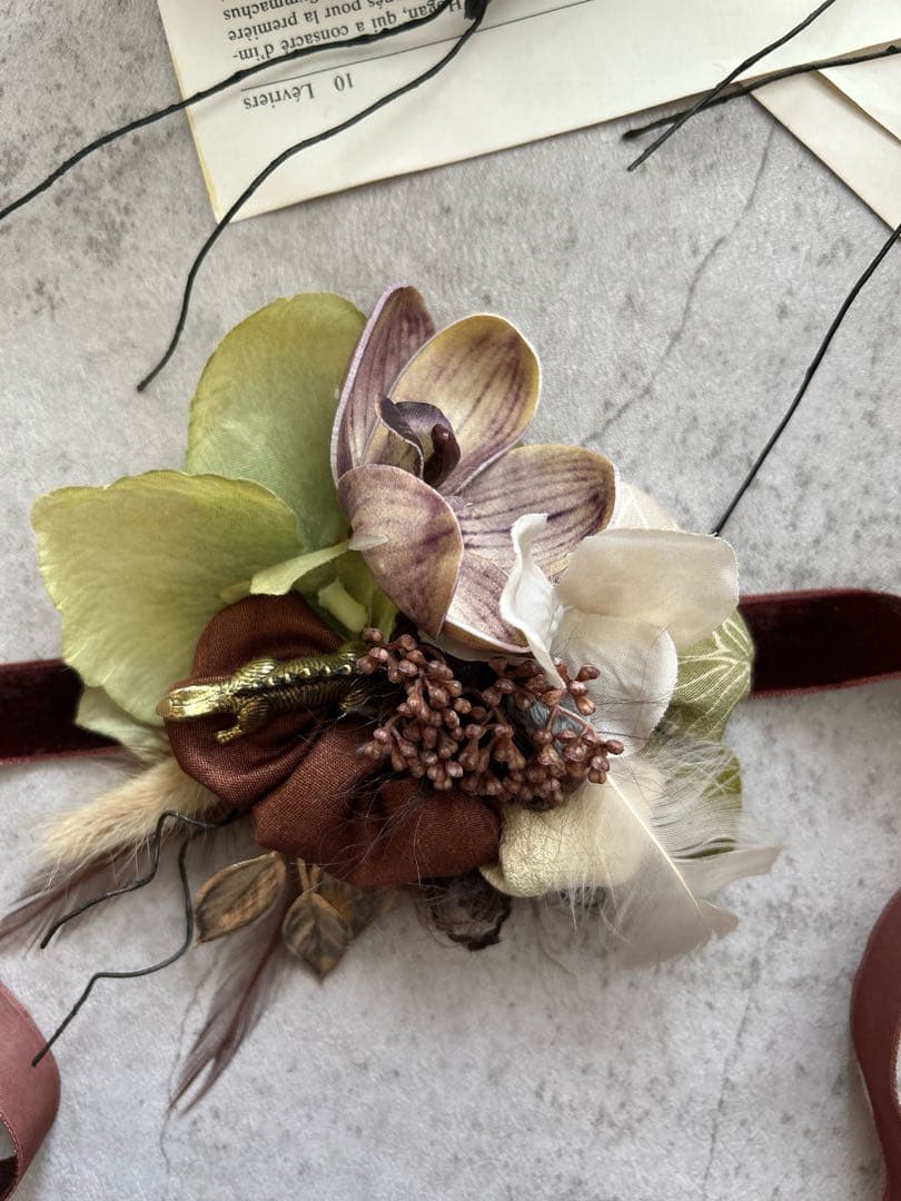 きらめくロゼット様　男の子用髪飾り　brown&Green