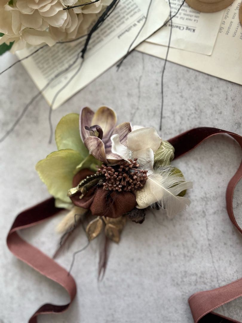 きらめくロゼット様　男の子用髪飾り　brown&Green