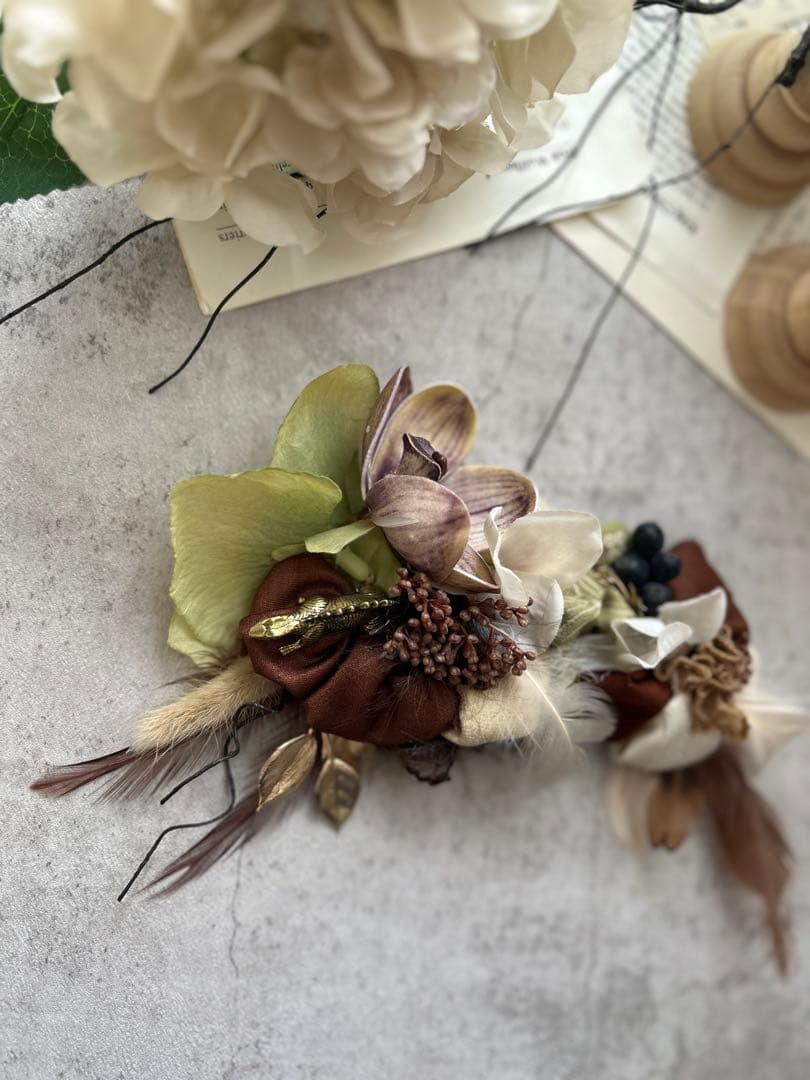 きらめくロゼット様　男の子用髪飾り　brown&Green