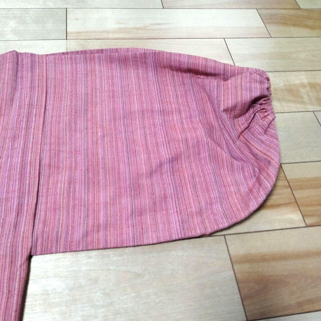 會津もめん　着物羽織風割烹着 オレンジとピンクのストライプ 綿100%　かねふく