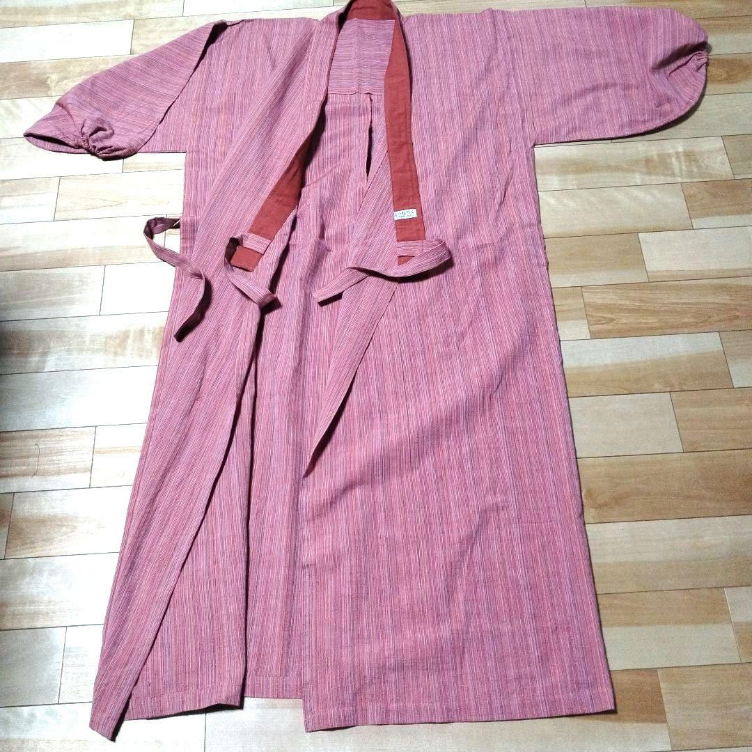 會津もめん　着物羽織風割烹着 オレンジとピンクのストライプ 綿100%　かねふく