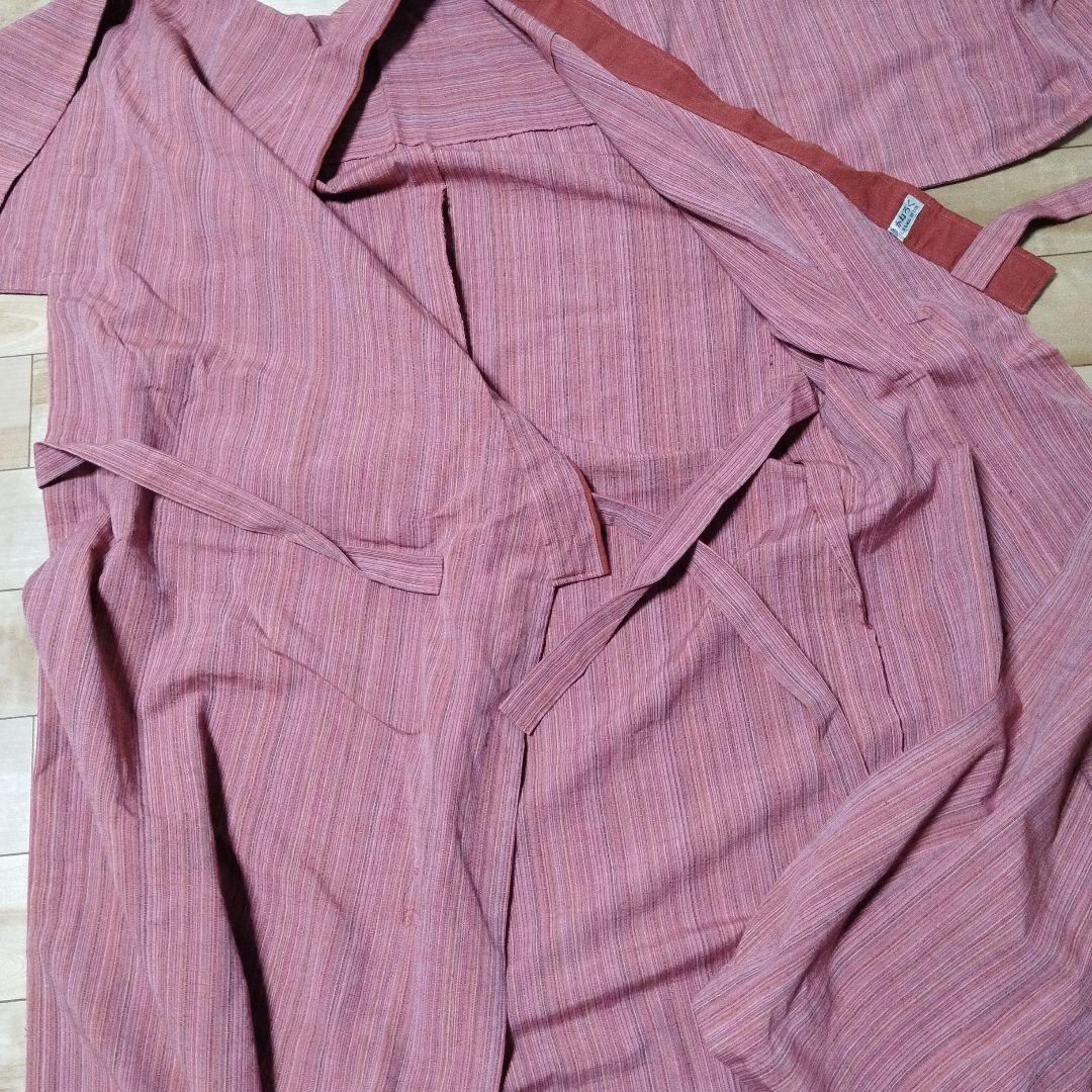 會津もめん　着物羽織風割烹着 オレンジとピンクのストライプ 綿100%　かねふく