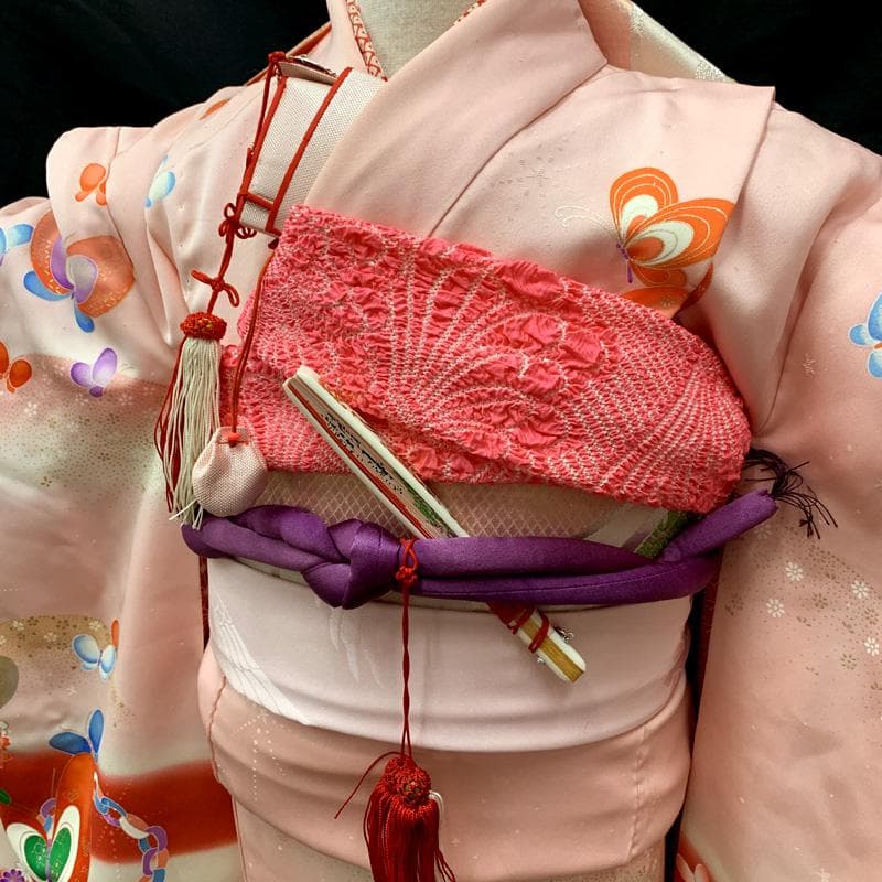 507ag26□七五三 七歳 女児 着物&袋帯&長襦袢 蝶 星の地紋□美品