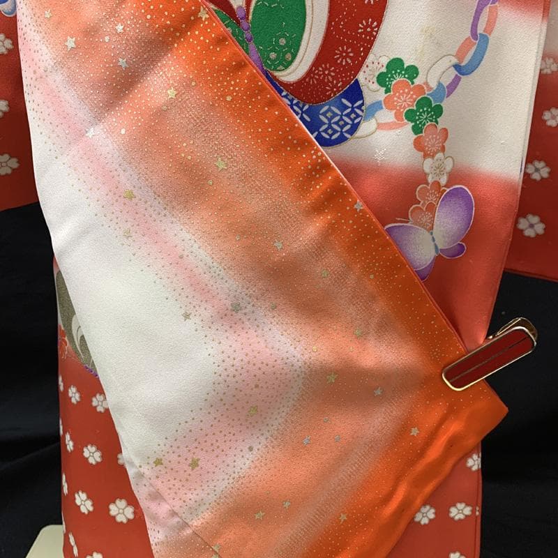 507ag26□七五三 七歳 女児 着物&袋帯&長襦袢 蝶 星の地紋□美品