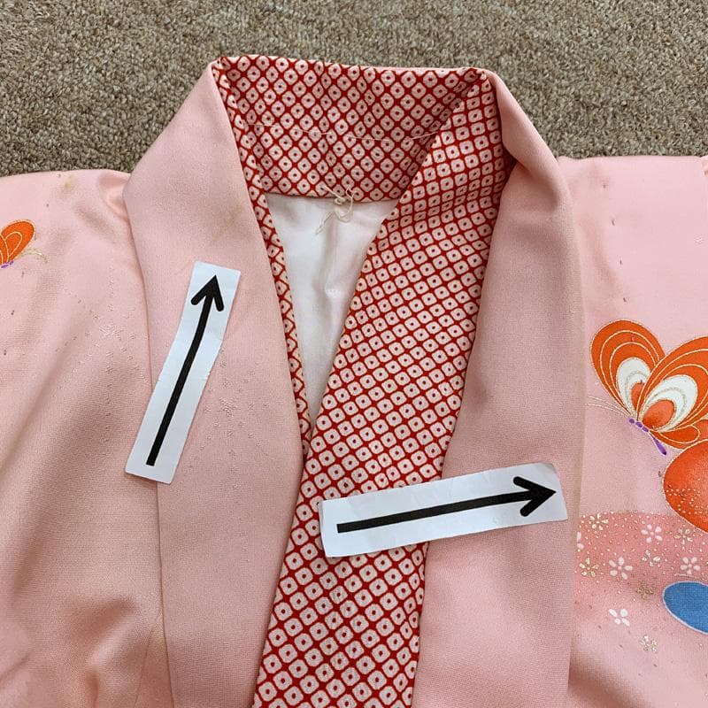 507ag26□七五三 七歳 女児 着物&袋帯&長襦袢 蝶 星の地紋□美品