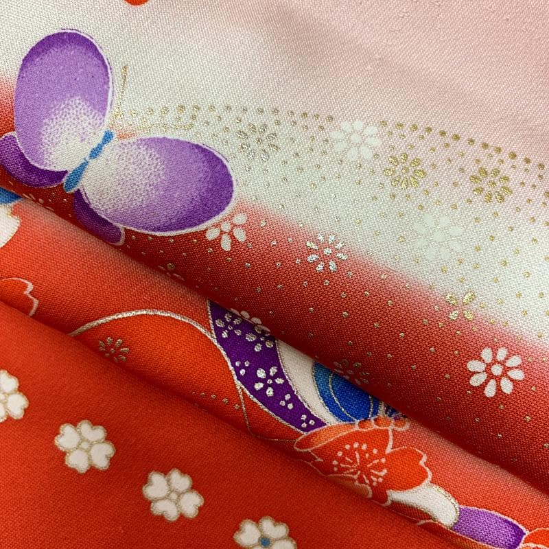 507ag26□七五三 七歳 女児 着物&袋帯&長襦袢 蝶 星の地紋□美品