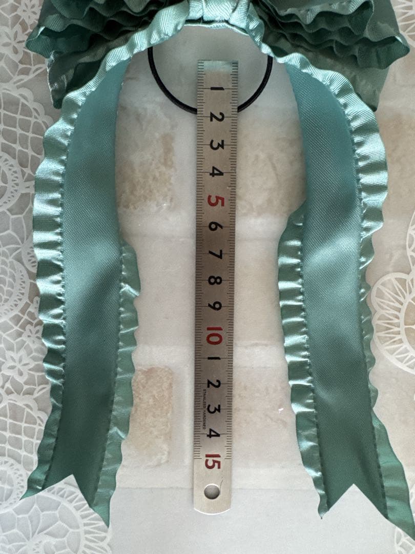 38mm幅ロングリボンNo.4☆ヘアゴム☆サテン☆フリル☆グリーン系