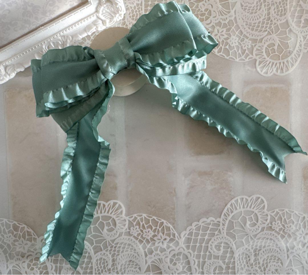 38mm幅ロングリボンNo.4☆ヘアゴム☆サテン☆フリル☆グリーン系