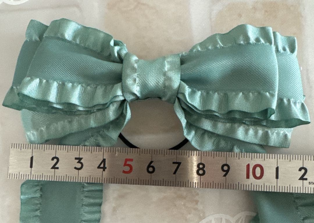 38mm幅ロングリボンNo.4☆ヘアゴム☆サテン☆フリル☆グリーン系