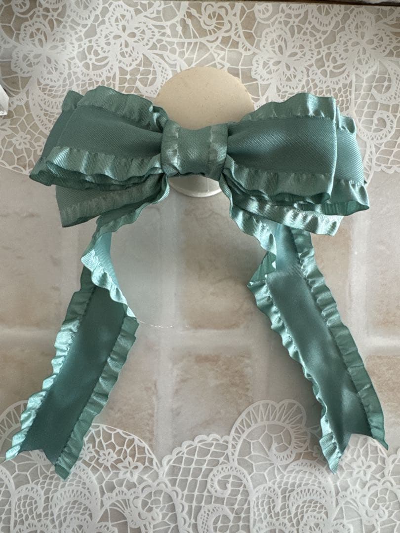 38mm幅ロングリボンNo.4☆ヘアゴム☆サテン☆フリル☆グリーン系