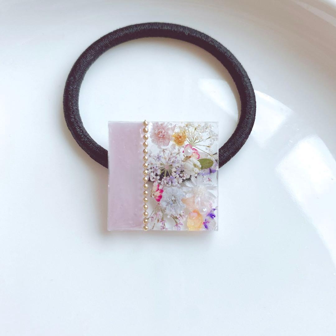 レジンヘアゴム　バイカラー　バラ　かすみ草　ミモザ　ラベンダー