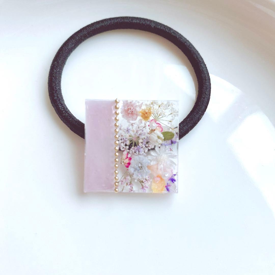 レジンヘアゴム　バイカラー　バラ　かすみ草　ミモザ　ラベンダー