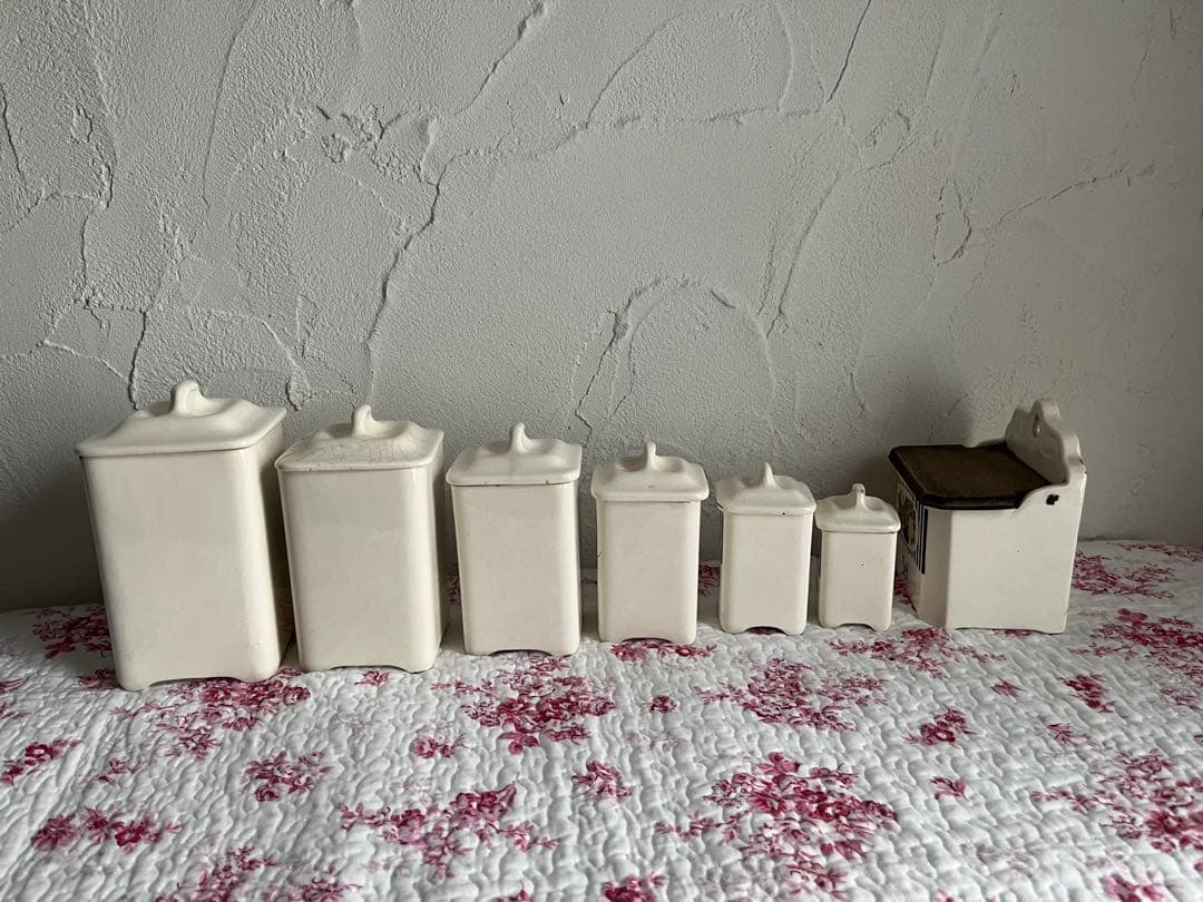 値下げフランスアンティークバラ柄の陶器のキャニスター6個セット& SELボックス