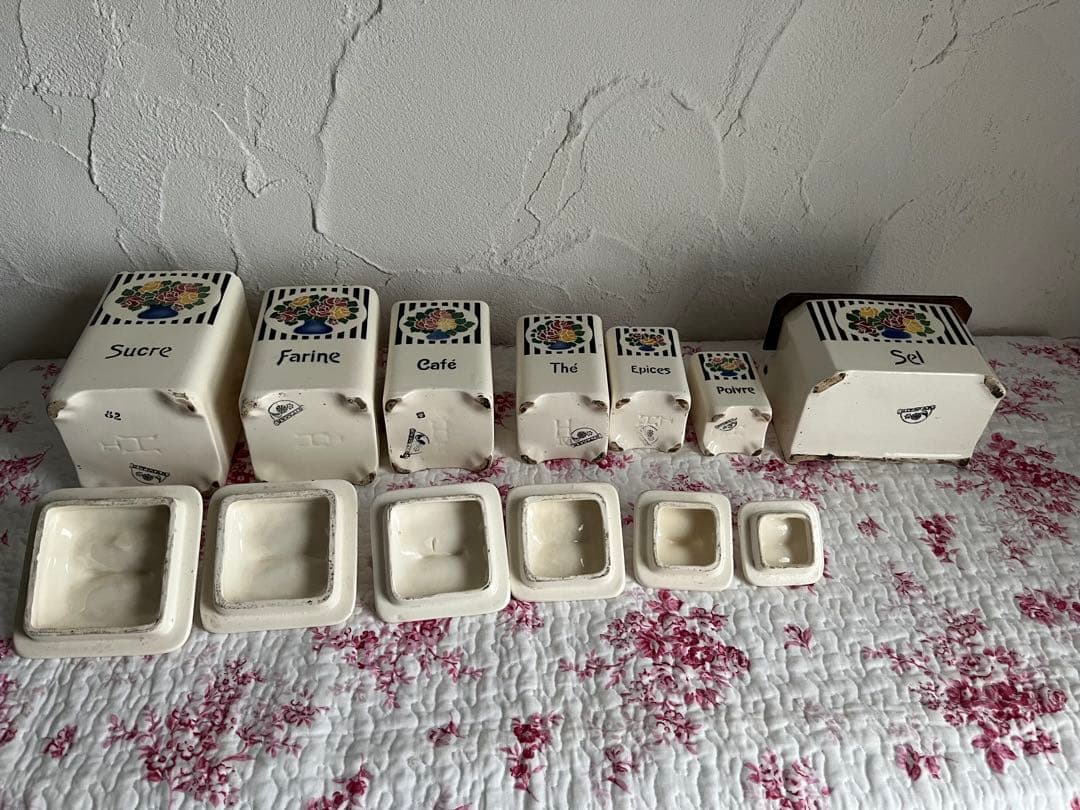 値下げフランスアンティークバラ柄の陶器のキャニスター6個セット& SELボックス