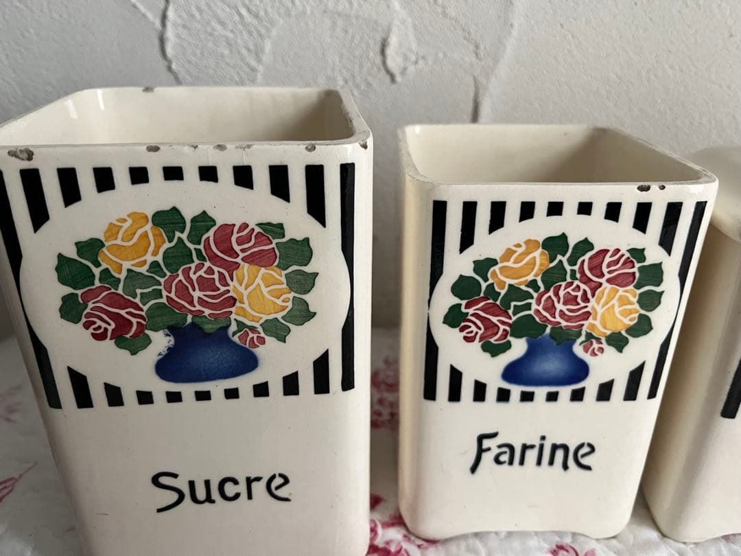 値下げフランスアンティークバラ柄の陶器のキャニスター6個セット& SELボックス