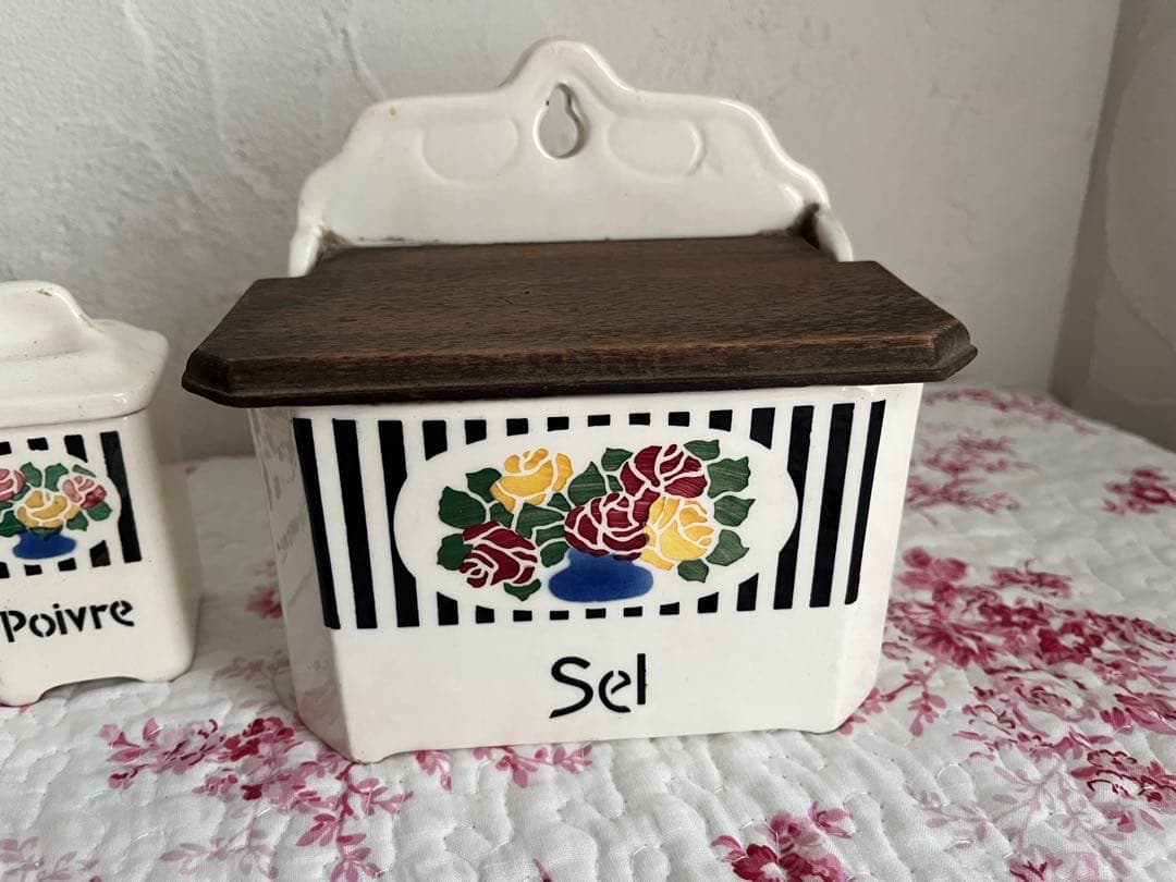 値下げフランスアンティークバラ柄の陶器のキャニスター6個セット& SELボックス