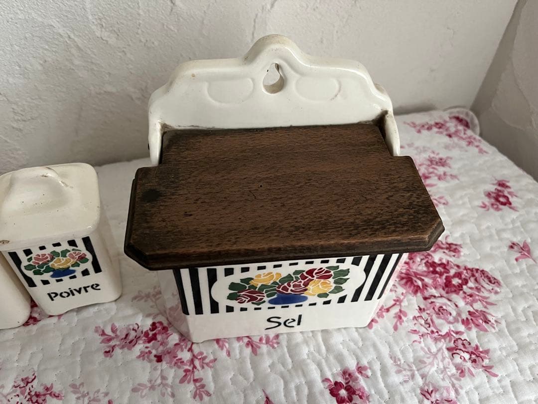 値下げフランスアンティークバラ柄の陶器のキャニスター6個セット& SELボックス