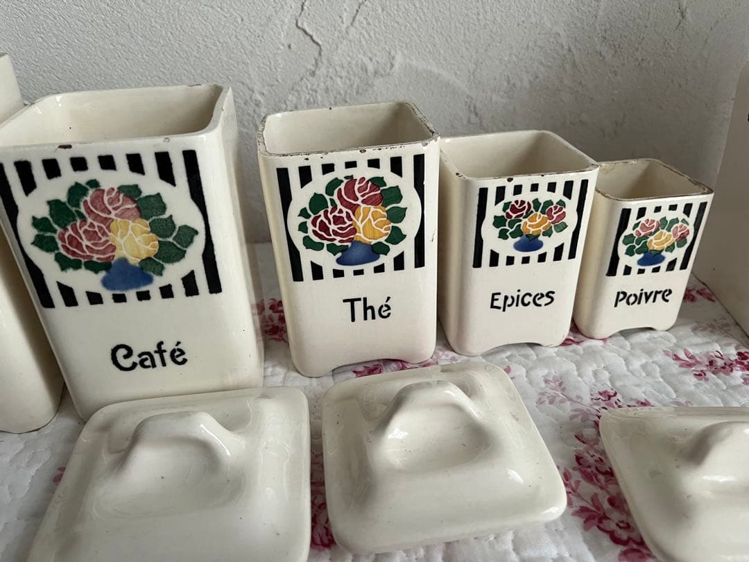 値下げフランスアンティークバラ柄の陶器のキャニスター6個セット& SELボックス