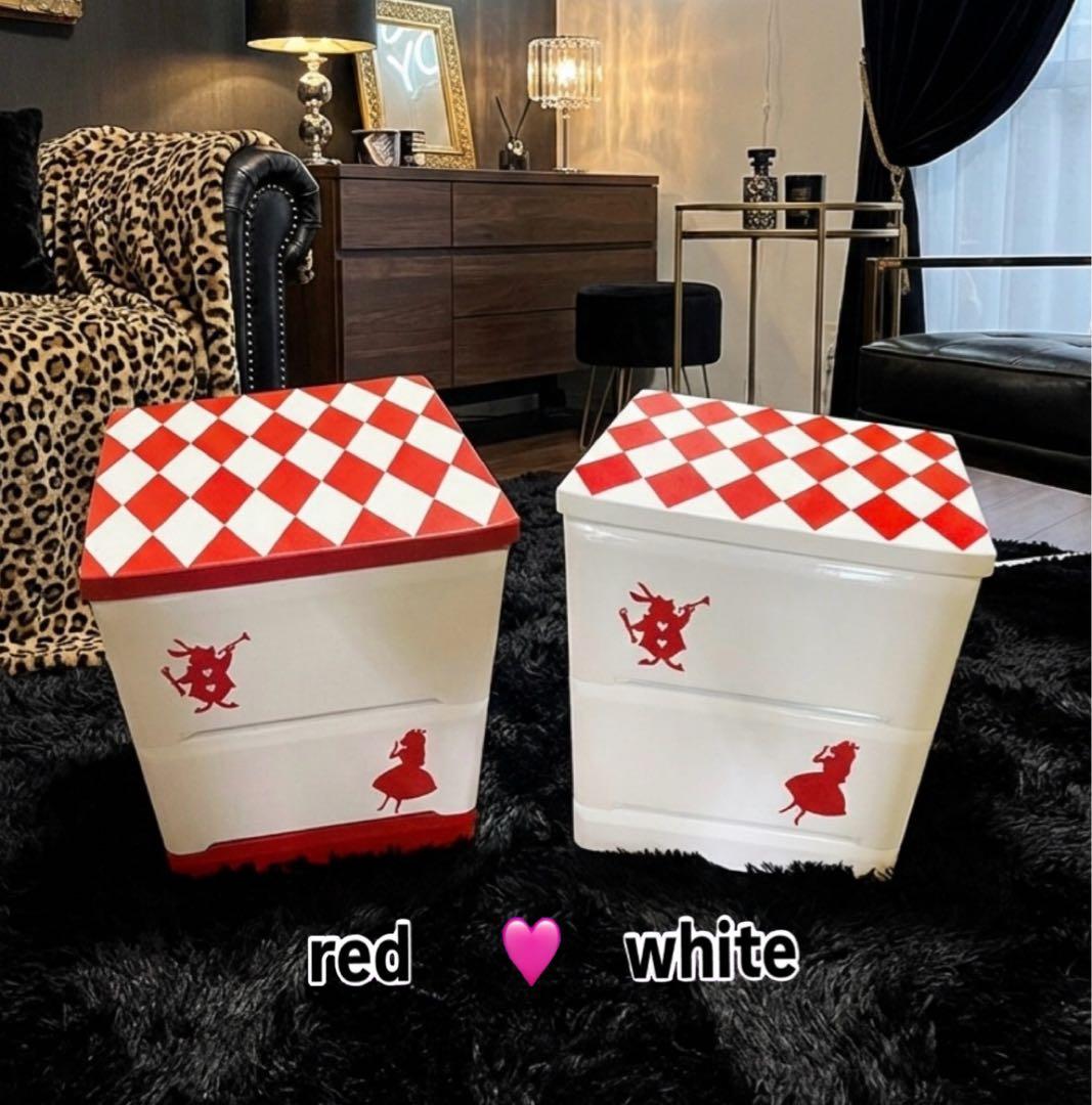 アリス風 アーガイル＆トランプ柄チェスト「赤」【送料無料】