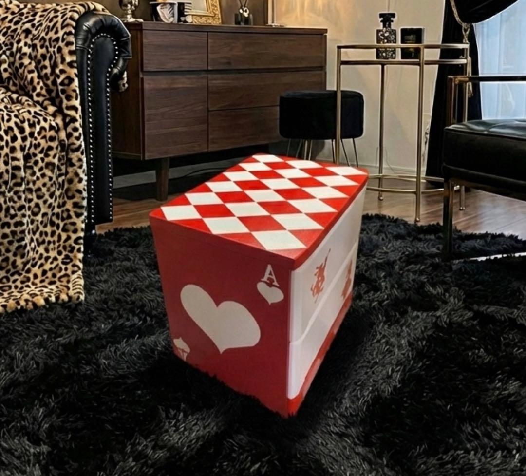 アリス風 アーガイル＆トランプ柄チェスト「赤」【送料無料】