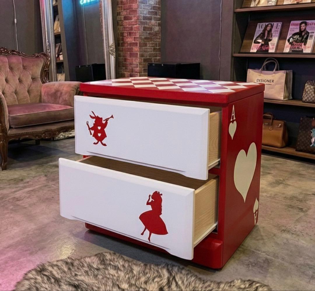 アリス風 アーガイル＆トランプ柄チェスト「赤」【送料無料】