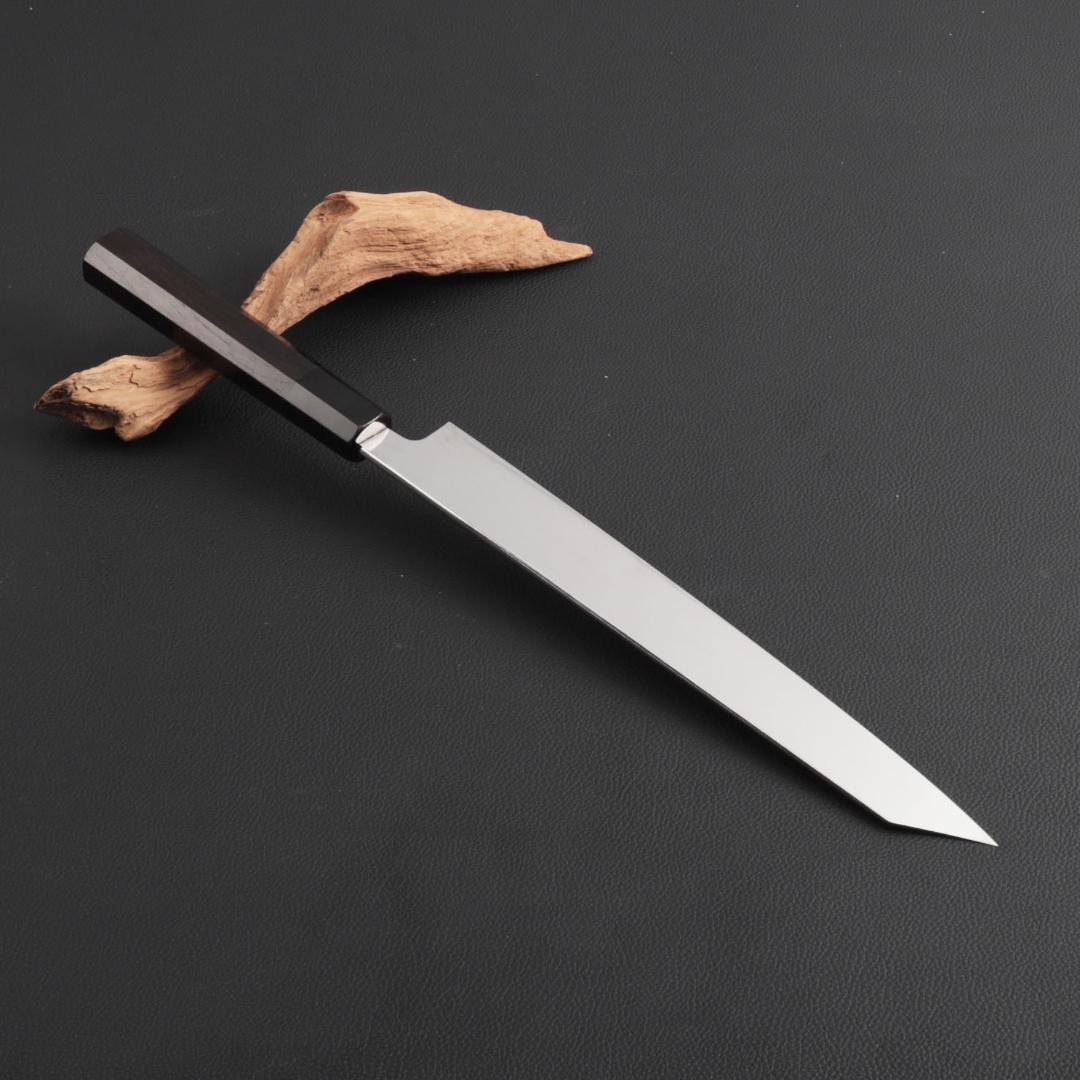 8743切付柳刃包丁9寸鏡面仕上げ刺身包丁 刃は究極の切れ味 黒檀黒水牛角八角柄