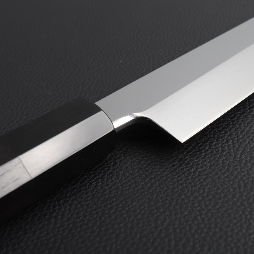 8743切付柳刃包丁9寸鏡面仕上げ刺身包丁 刃は究極の切れ味 黒檀黒水牛角八角柄