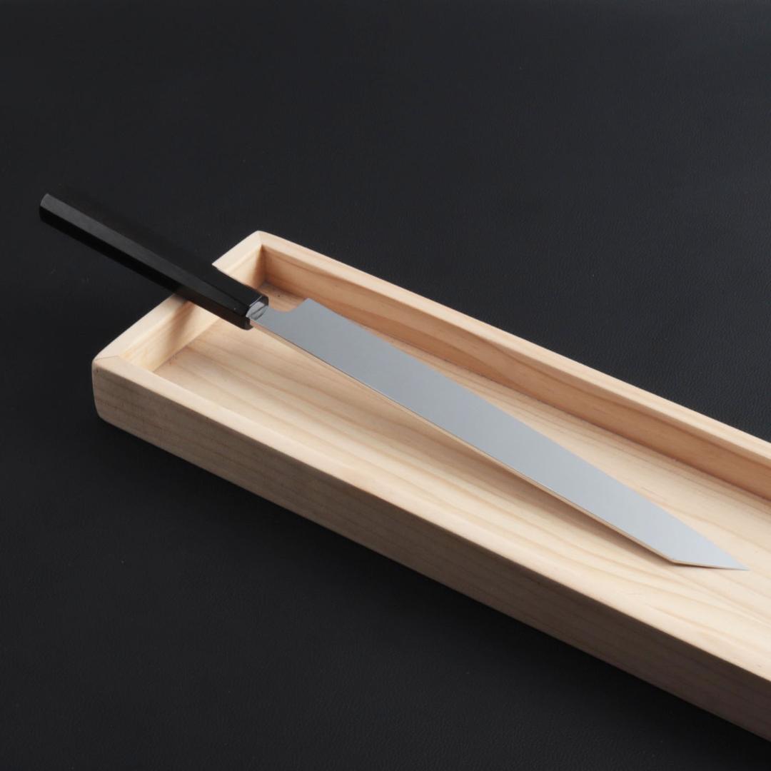8743切付柳刃包丁9寸鏡面仕上げ刺身包丁 刃は究極の切れ味 黒檀黒水牛角八角柄