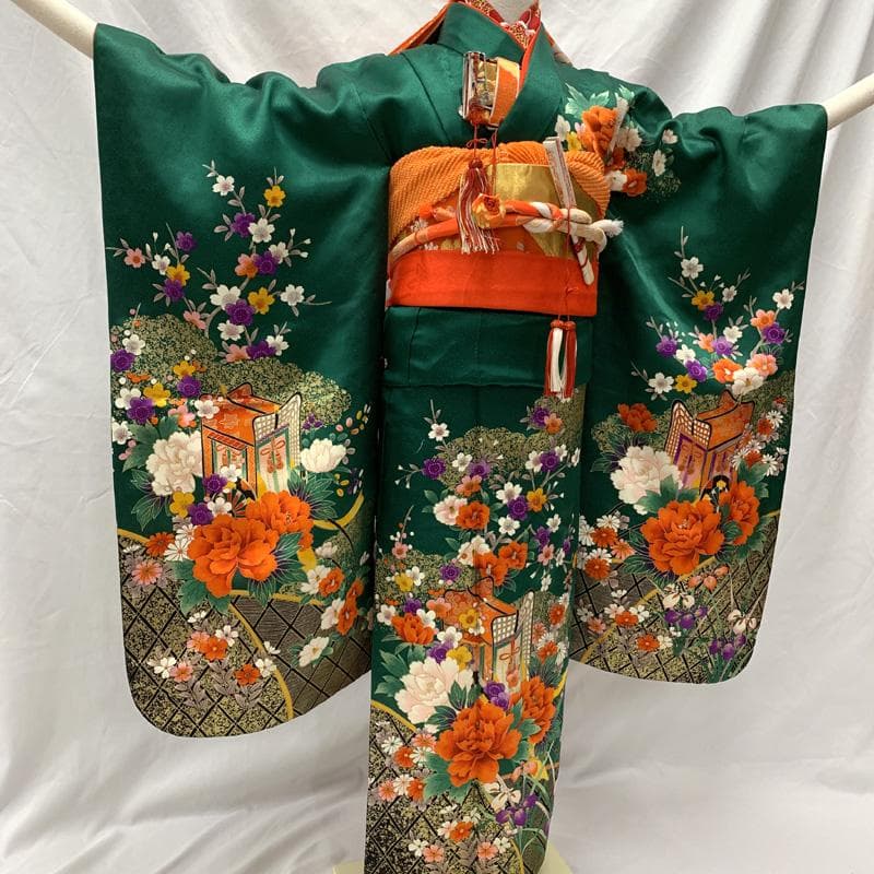 512ag25□七五三 七歳 女児 着物&袋帯&長襦袢 御所車 花文様□状態良好