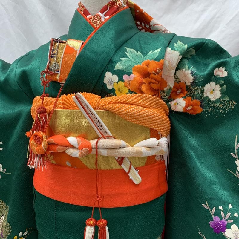 512ag25□七五三 七歳 女児 着物&袋帯&長襦袢 御所車 花文様□状態良好