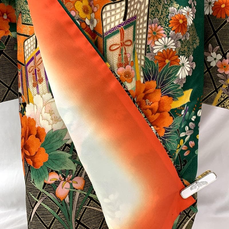 512ag25□七五三 七歳 女児 着物&袋帯&長襦袢 御所車 花文様□状態良好