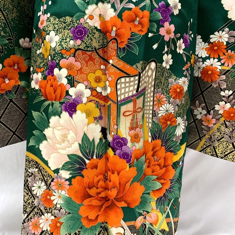 512ag25□七五三 七歳 女児 着物&袋帯&長襦袢 御所車 花文様□状態良好