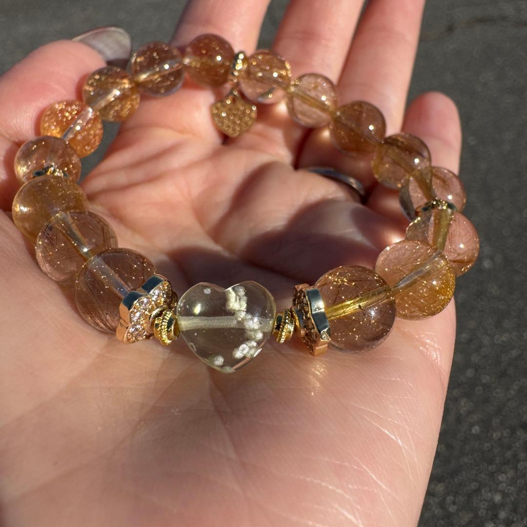 一点物　天然石ハンドメイドブレス　ルチル　リビアングラス　クリストバライト