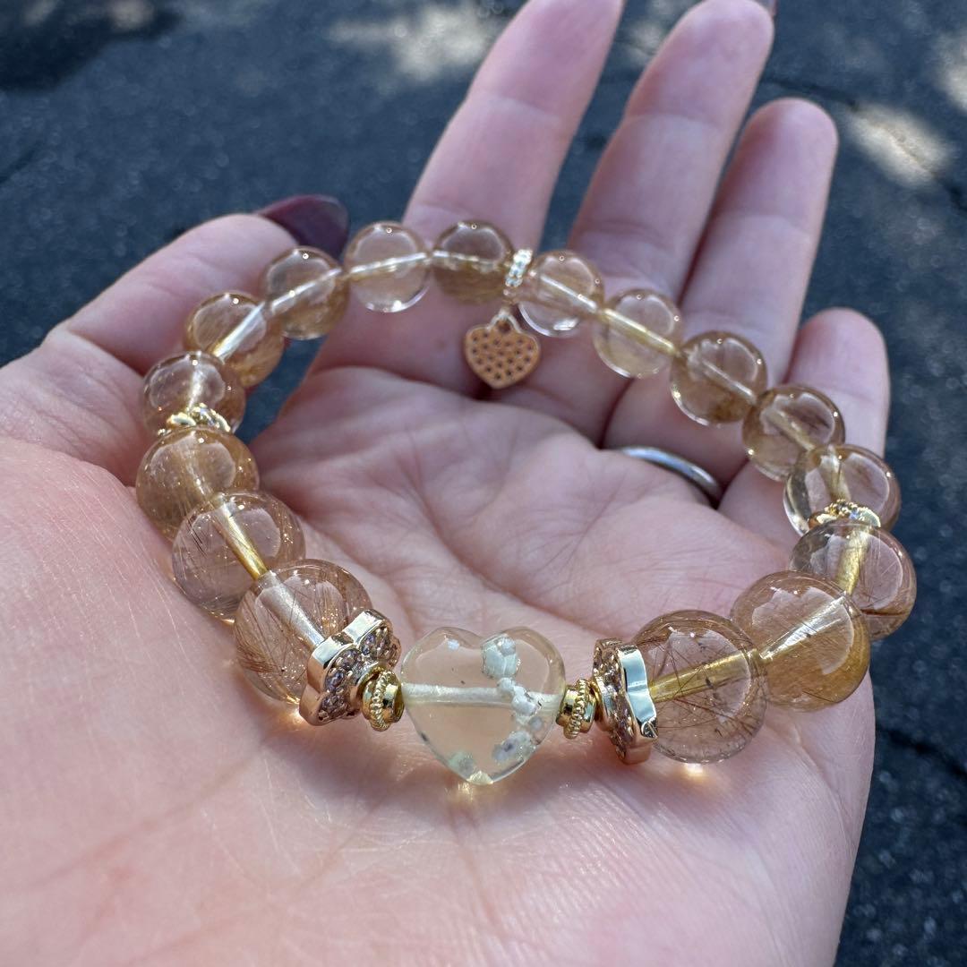 一点物　天然石ハンドメイドブレス　ルチル　リビアングラス　クリストバライト