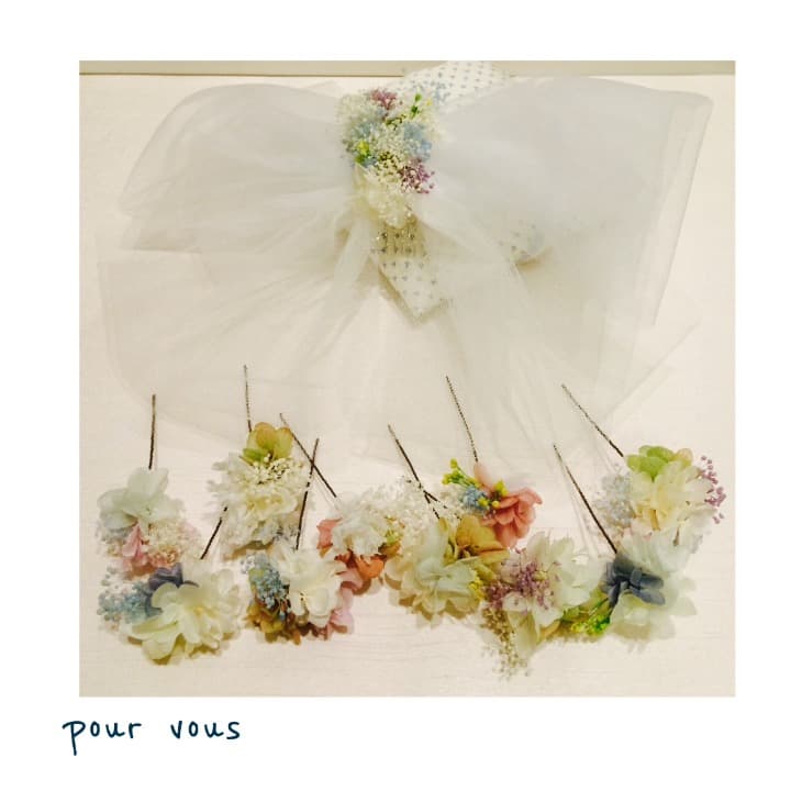 【新作】チュールリボンとあじさいとかすみ草のヘッドドレス