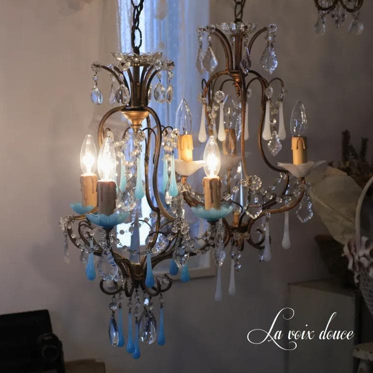 レア！アンティーク cage ブルーオパリンガラスガラス　3灯シャンデリア