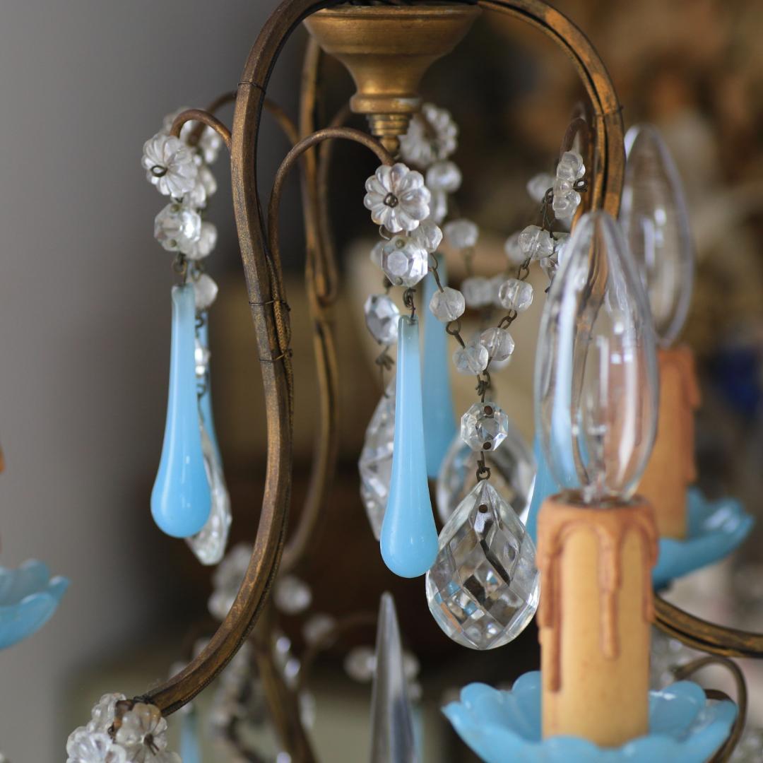 レア！アンティーク cage ブルーオパリンガラスガラス　3灯シャンデリア