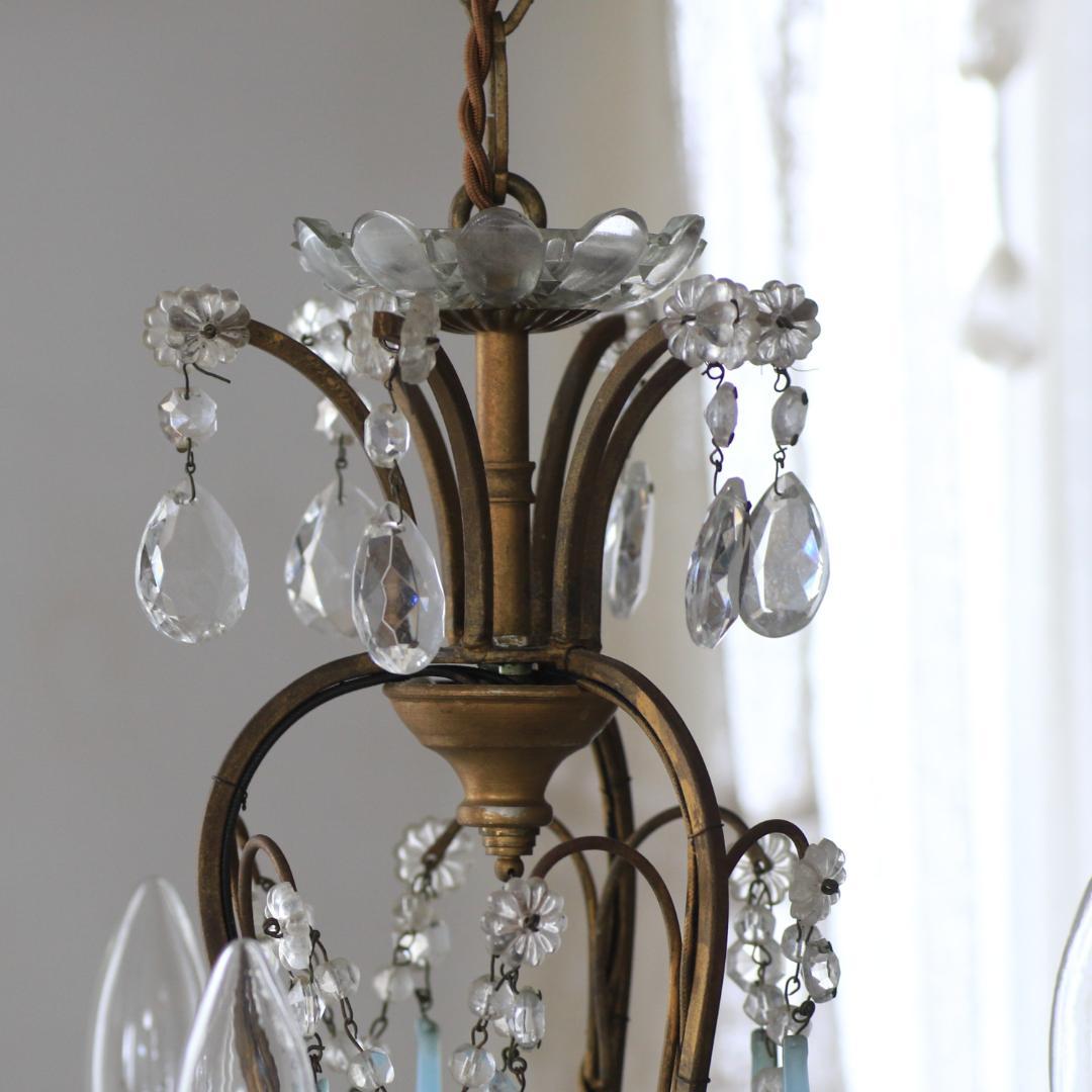 レア！アンティーク cage ブルーオパリンガラスガラス　3灯シャンデリア