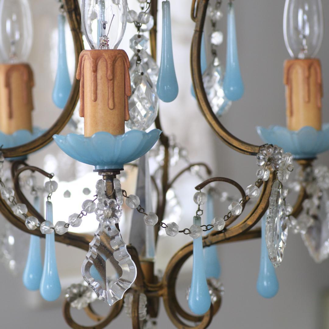 レア！アンティーク cage ブルーオパリンガラスガラス　3灯シャンデリア