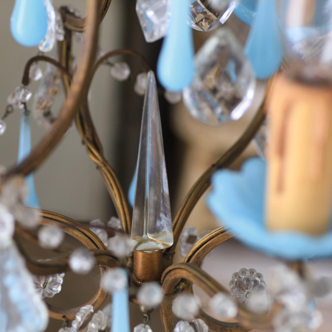 レア！アンティーク cage ブルーオパリンガラスガラス　3灯シャンデリア