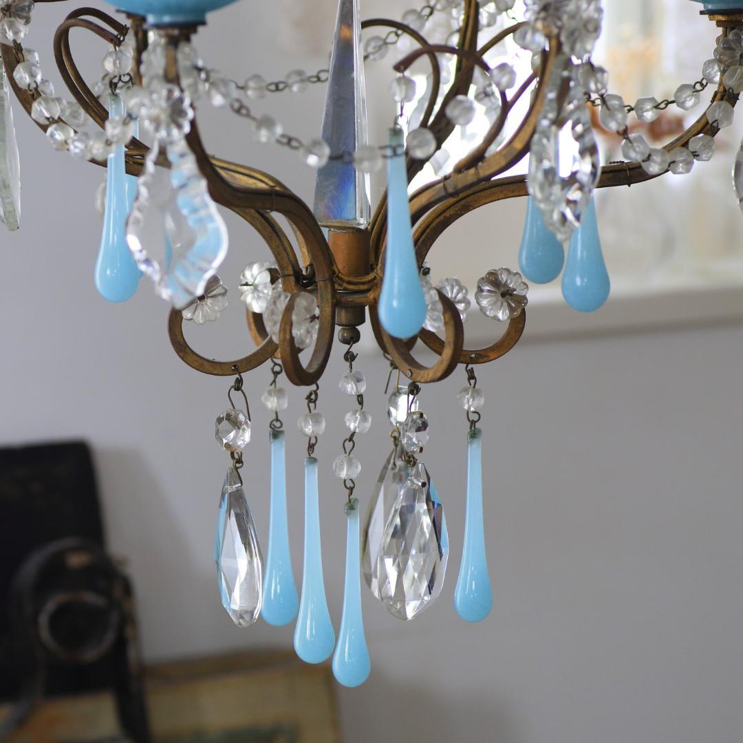 レア！アンティーク cage ブルーオパリンガラスガラス　3灯シャンデリア