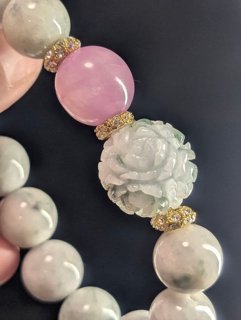 良品上品ミャンマー産牡丹彫り翡翠☓翡翠☓クンツァイトデザブレ