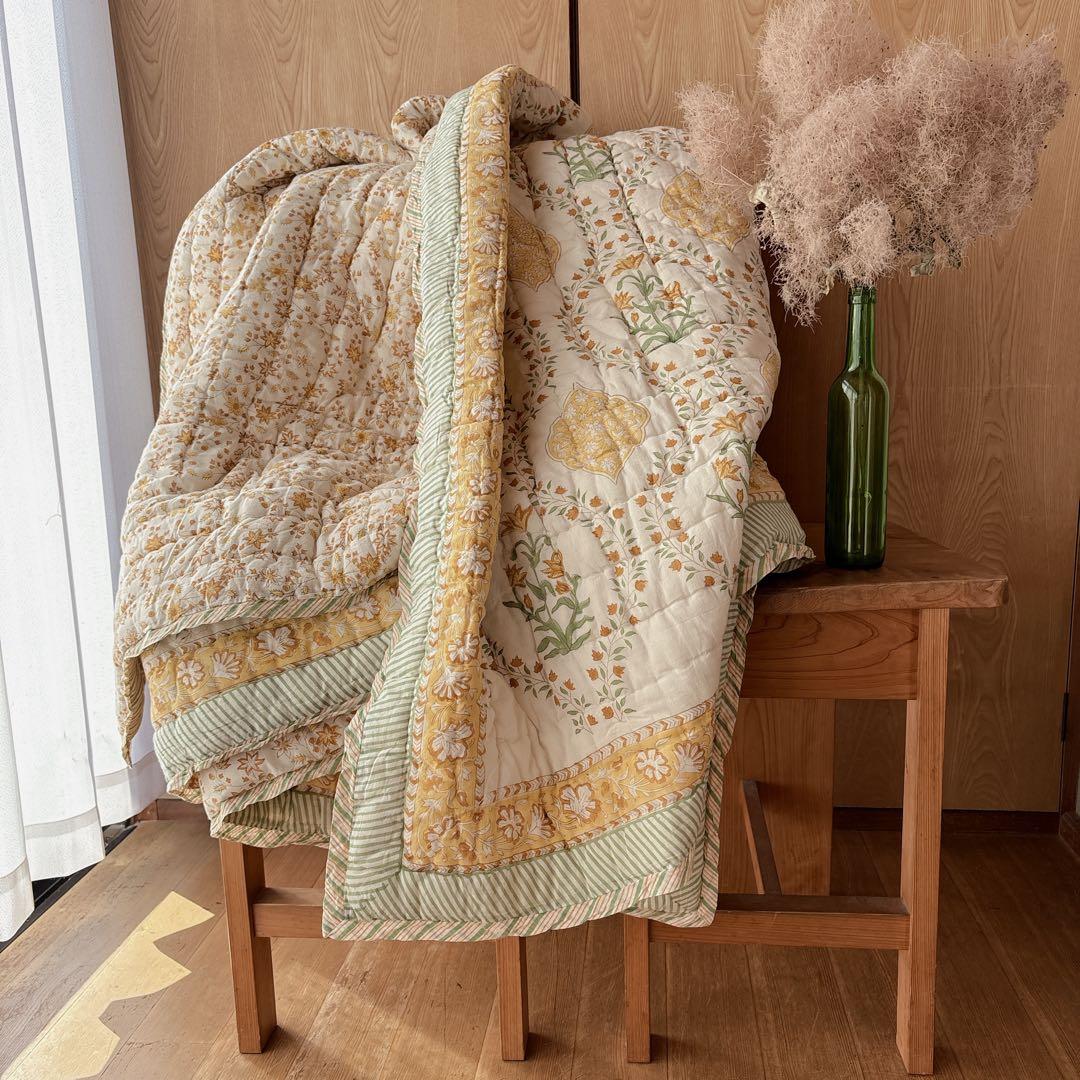 未使用※大判　インド ブロックプリント 中綿入りキルト ベビーイエロー　カバー