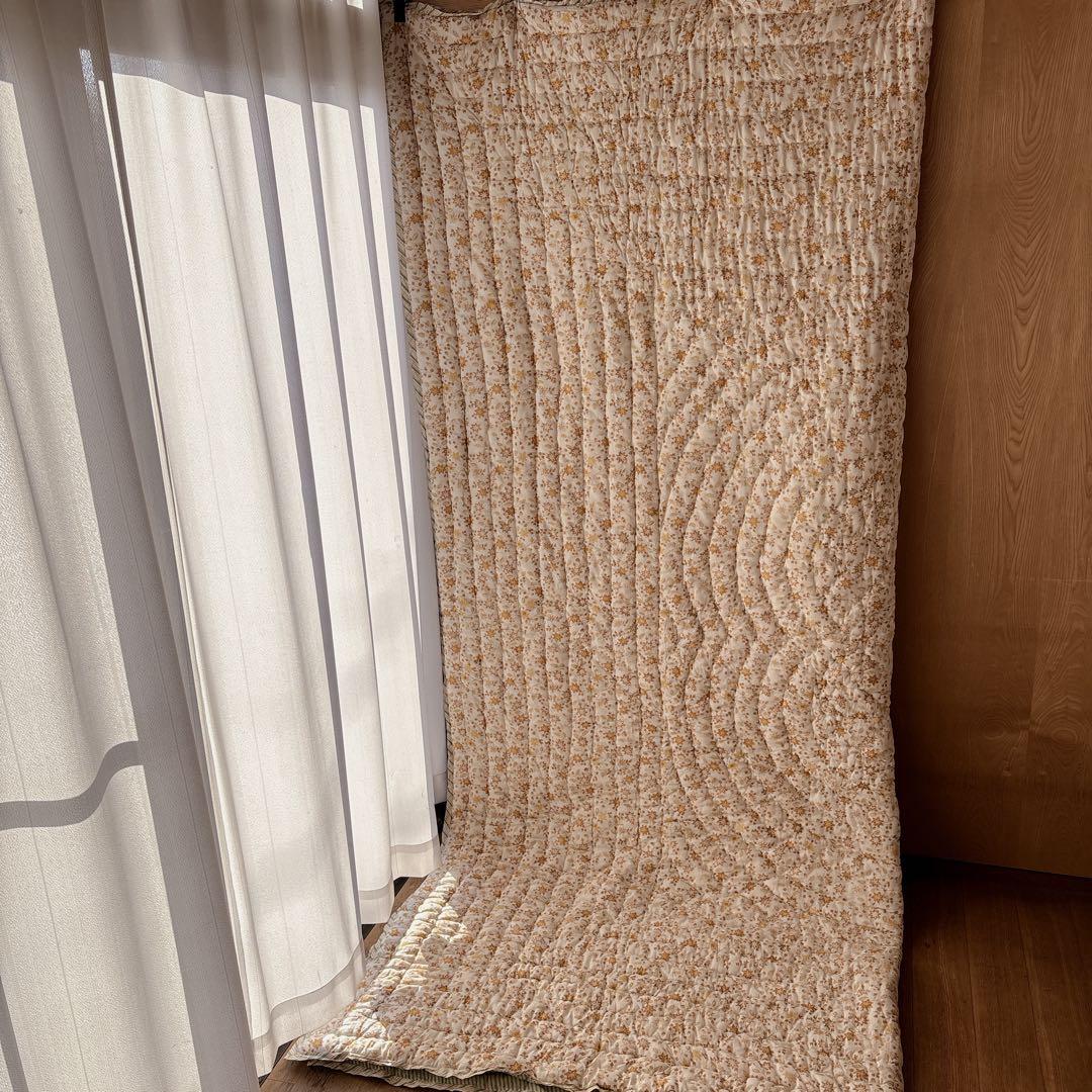 未使用※大判　インド ブロックプリント 中綿入りキルト ベビーイエロー　カバー