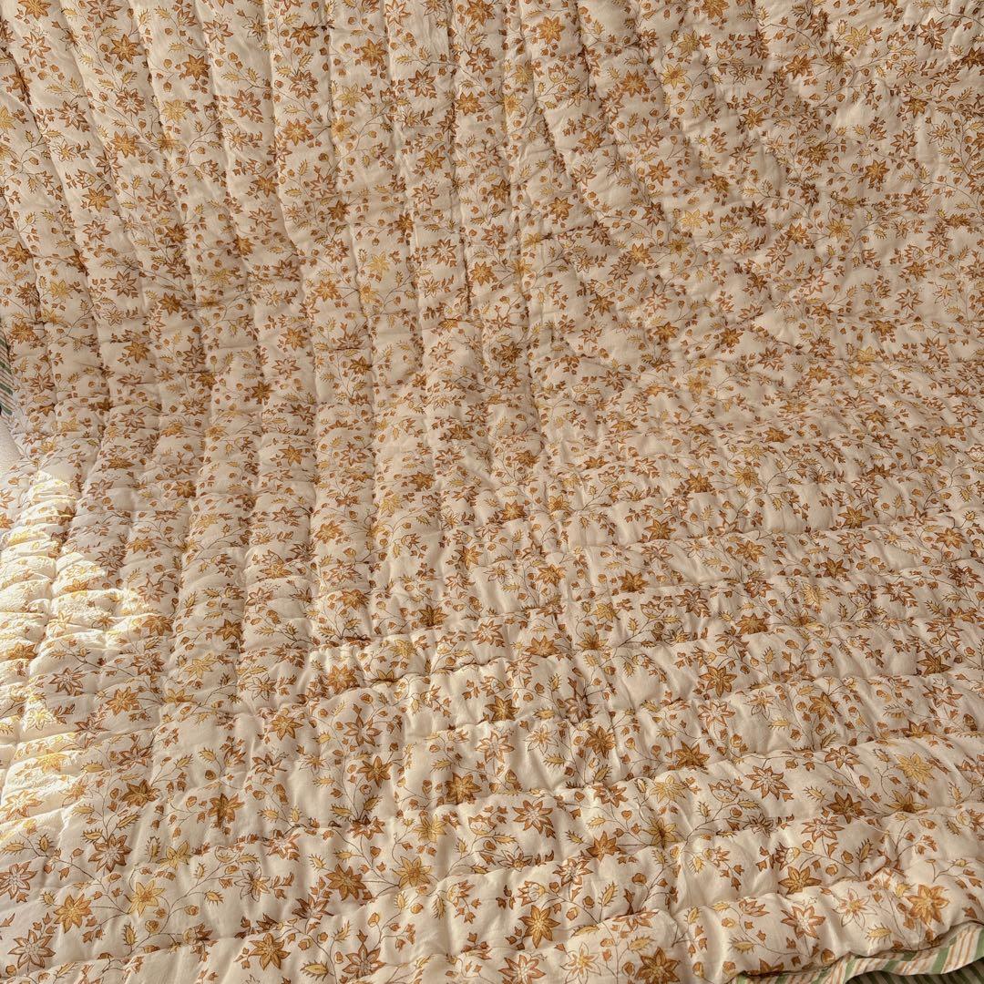 未使用※大判　インド ブロックプリント 中綿入りキルト ベビーイエロー　カバー