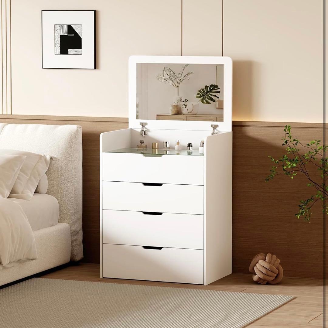 1台3役 ドレッサー キャビネット サイドテーブル 鏡付き スツール付き