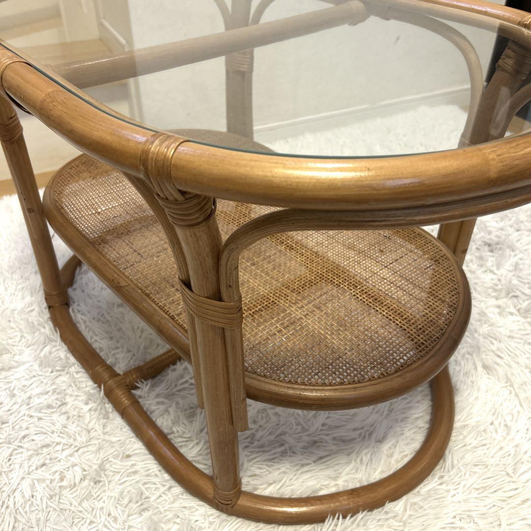 ラタン　テーブル　ガラス　昭和レトロ　アジアンテイスト　送料無料